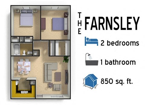 Floor plan for 2 beds, 1 bath, 882 sqft